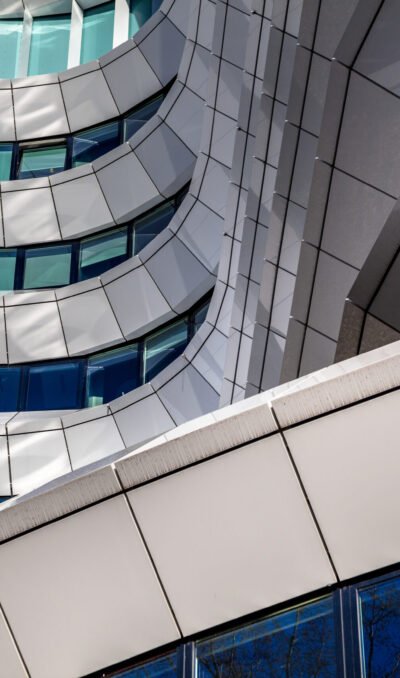 Geometric architectural details in the facade of a modern contemporary office building in the Netherlands